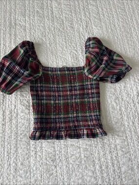 Smocked Plaid Puff-Sleeve Crop Top - Red Multi
